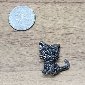 Cat Brooch Silver Black Rhinestone